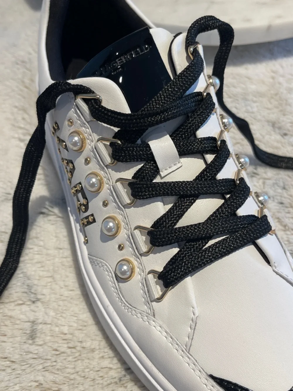 Karl Lagerfeld White and Black Pearl-Trim Sneakers - Picture 8 of 10